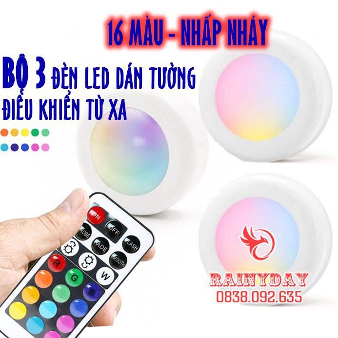 Bộ 3 Đèn led dán tường mini điều khiển từ xa thông minh chiếu sáng trang trí có 16 màu - Loại 1