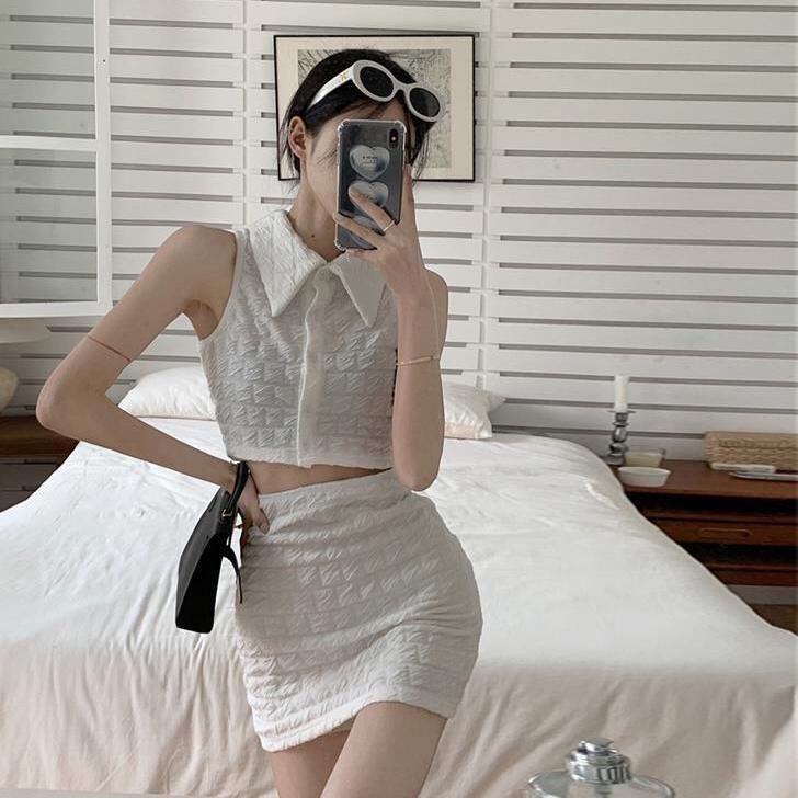 Set Áo Thun Cổ Bẻ Không Tay Và Chân Váy Màu Trơn Phong Cách Đường Phố Thời Trang Mùa Hè Mới