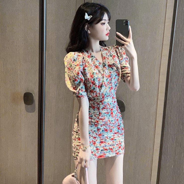 Đầm dáng ôm mini hoa nhí tay ngắn Emilyshop