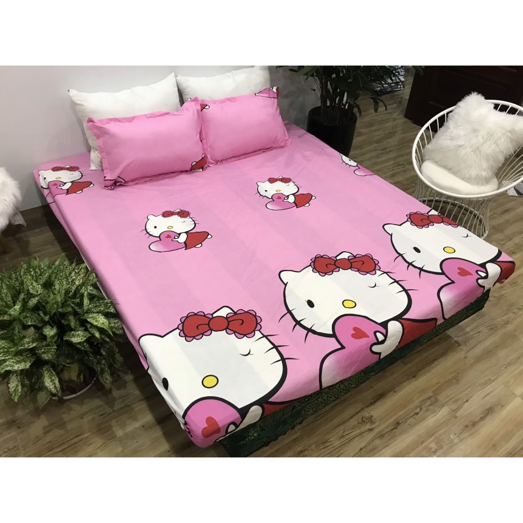 Bộ ga gối Kitty Tim Hồng Nhạt (1 ga chun và 2 vỏ gối nằm)