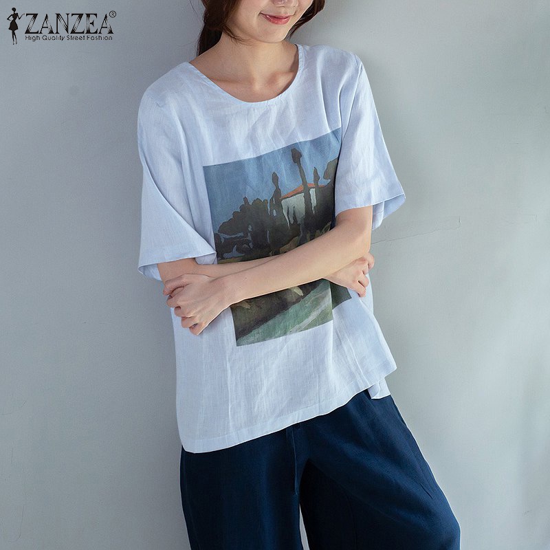 Zanzea Áo Tay Ngắn Cổ Tròn In Họa Tiết Phong Cách Cổ Điển Dành Cho Nữ