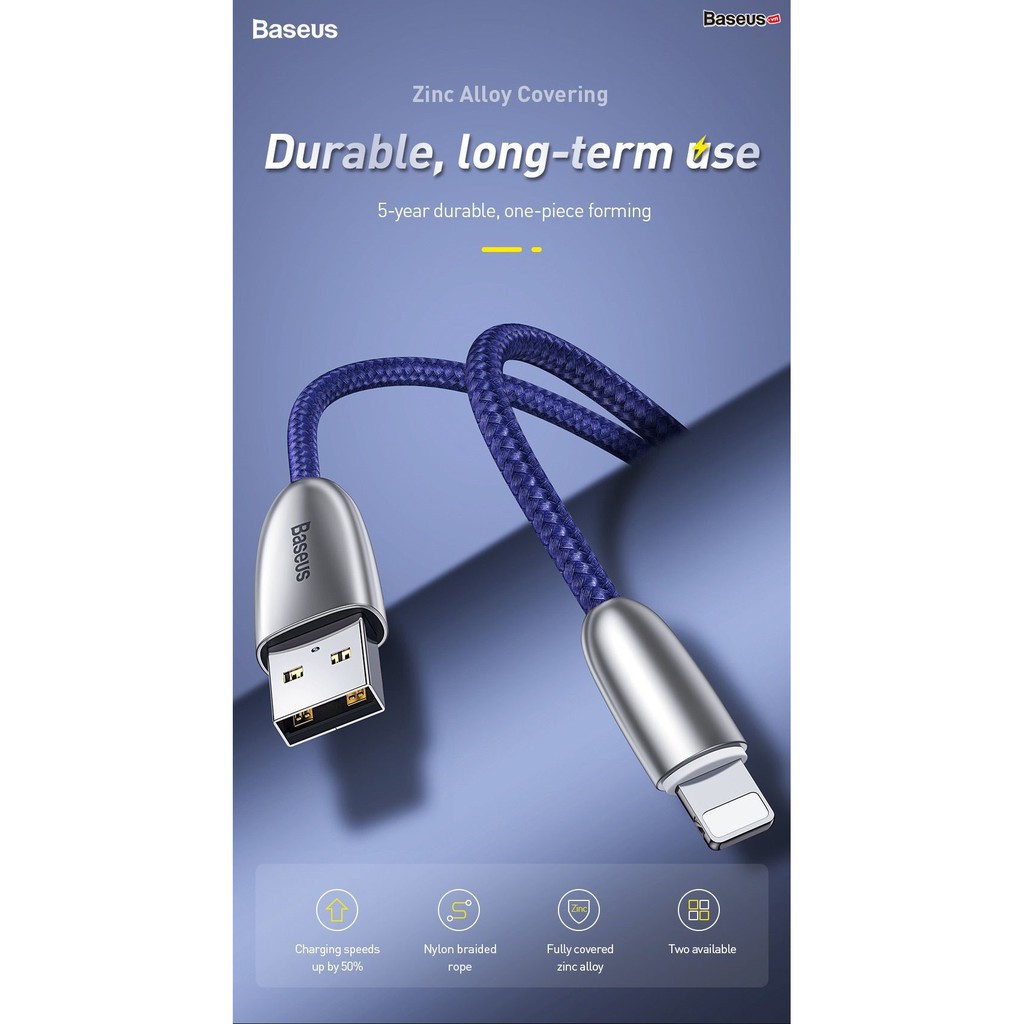 Cáp sạc Lightning vải dù, đầu kim loại siêu bền Baseus Torch Series dùng cho iPhone/ iPad (2.4A Fast Charge & Sync Data)