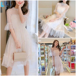 Đầm dạ hội ren xòe nữ cổ tròn tay lửng màu trắng váy đầm dự tiệc công sở dạo phố