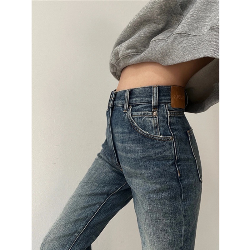 Quần Jeans lưng cao ống đứng loe nhẹ form Hàn màu xanh đậm | BigBuy360 - bigbuy360.vn
