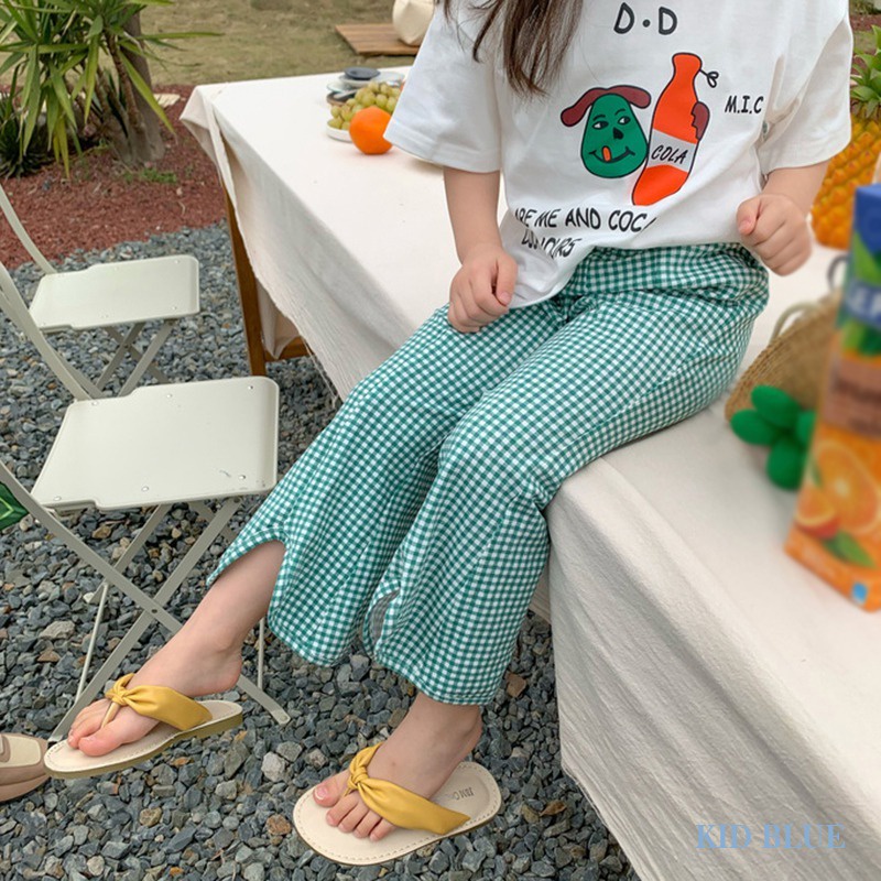 Quần Dài Ống Loe Xẻ Tà Họa Tiết Sọc Caro Thời Trang Xuân Thu Phong Cách Hàn Quốc Cho Bé Gái