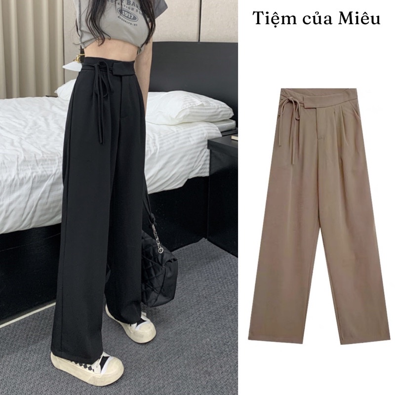 Quần ống xuông vải thô buộc dây nơ ống rộng Tiệm của Miêu