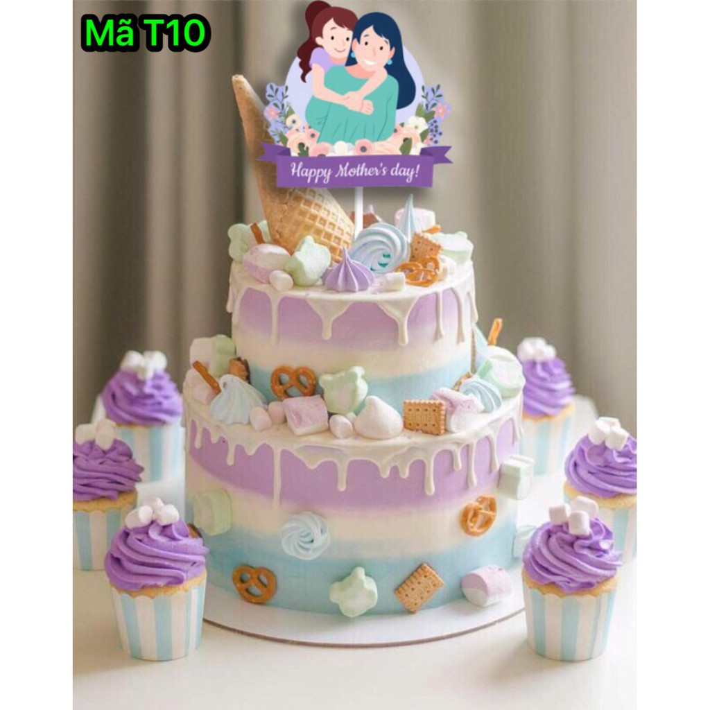 Đồ trang trí bánh sinh nhật, bánh kem - SET 10 THẺ CẮM GIẤY HAPPY MOTHER'S DAY mẫu T10