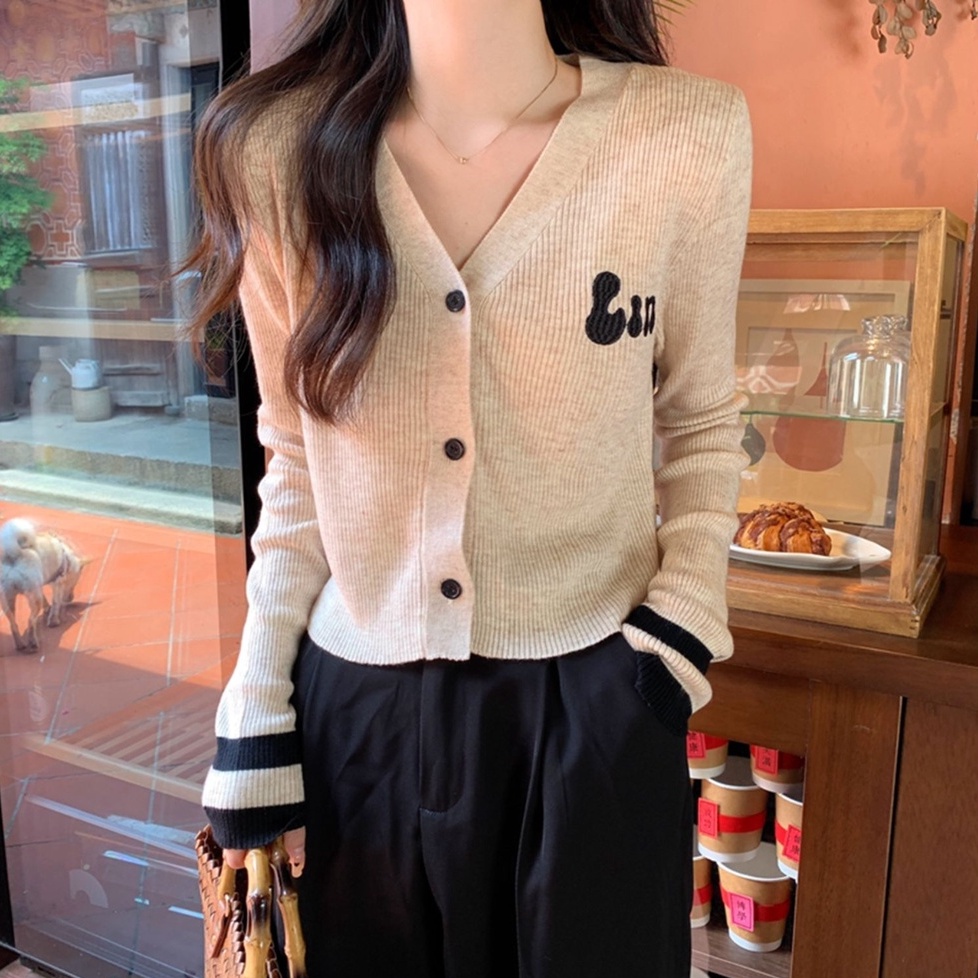 Áo khoác cardigan dệt kim ZHELIHANGFEI tay dài cổ V họa tiết thêu đơn giản dễ phối đồ
