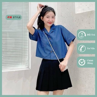 Áo sơ mi croptop FM Style nữ cổ vest tay ngắn chất vải jean giấy phong cách thời trang ulzzang 207110001