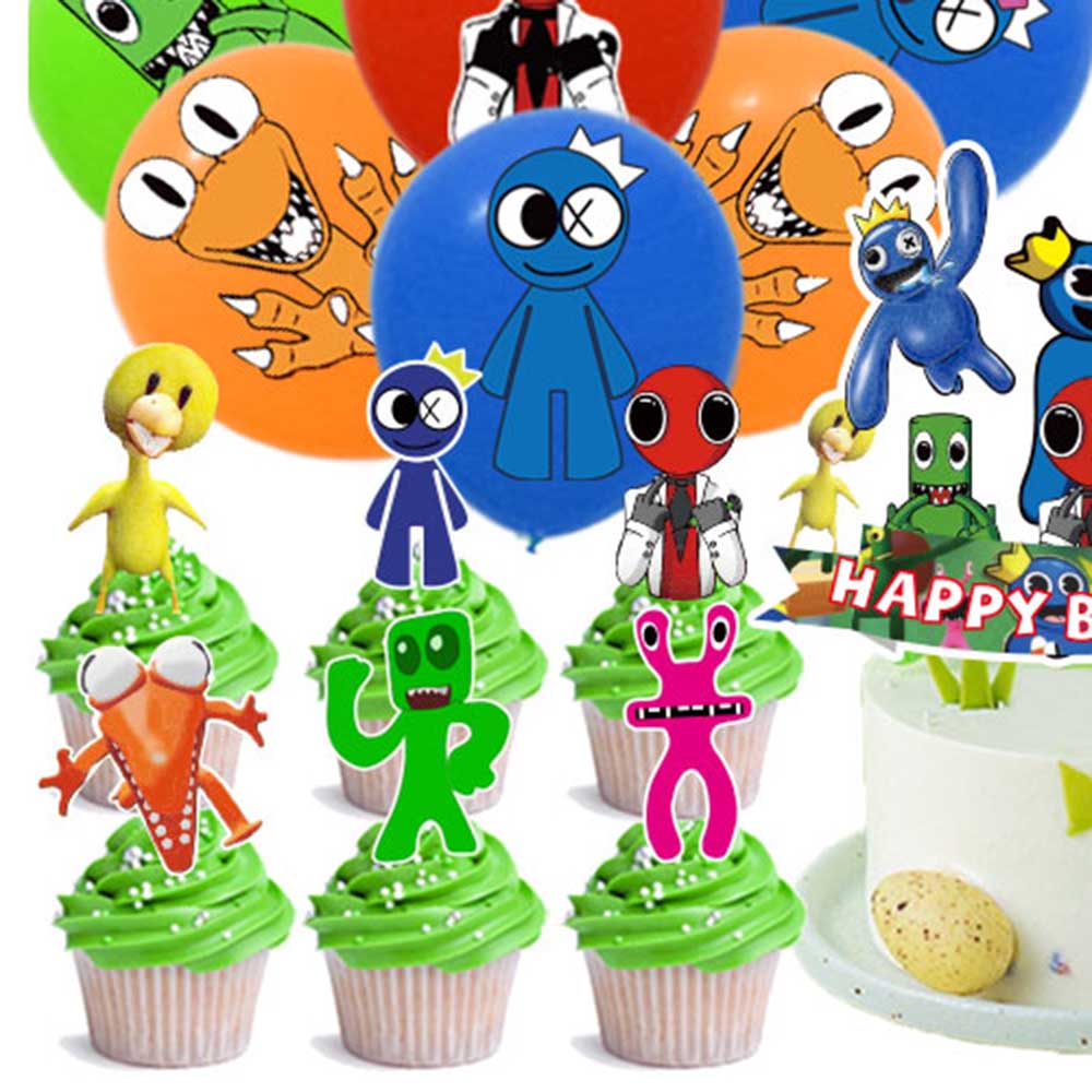 41Pcs Roblox Rainbow Friends Balloons Banner/Flag Cupcake Toppers Birthday Party
