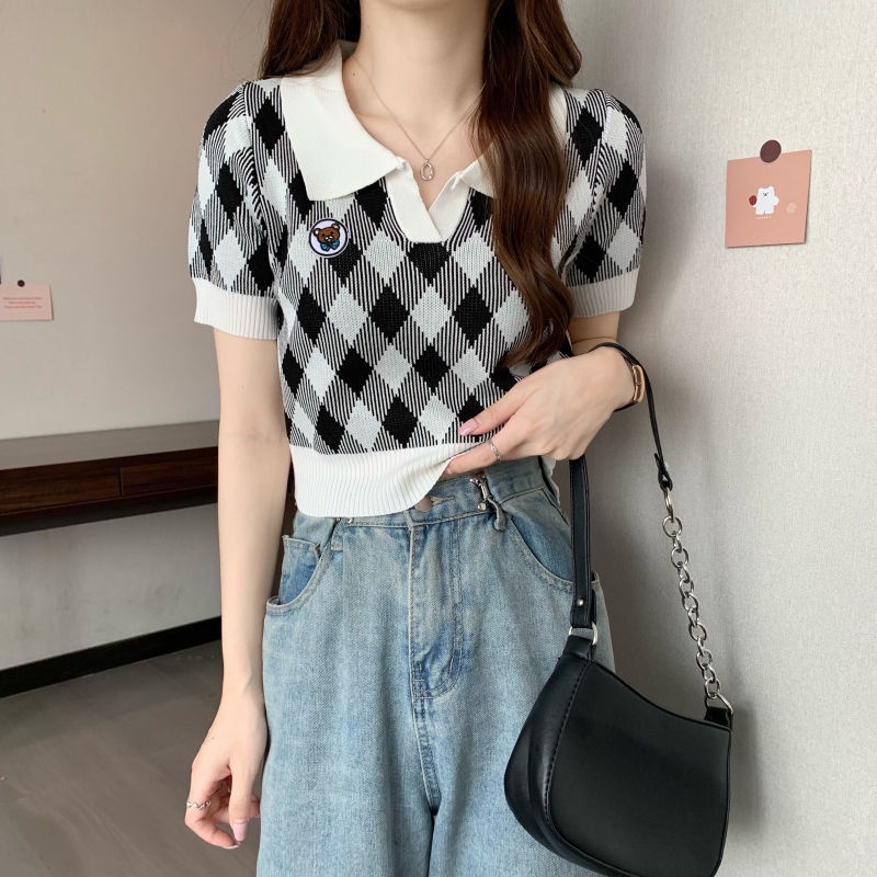 Áo Thun Dệt Kim Cổ Polo Tay Ngắn Thêu Hình Thoi Thời Trang Mùa Hè Hàng Mới Dành Cho Bạn Nữ 2022