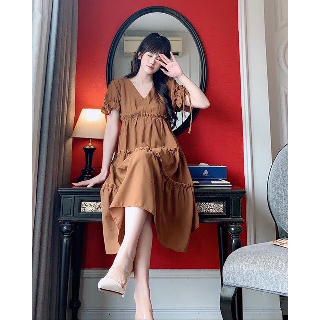 Đầm bầu thời trang thiết kế dáng xòe tay rút nơ có cúc ở eo mặc đi làm đi chơi, dự tiệc