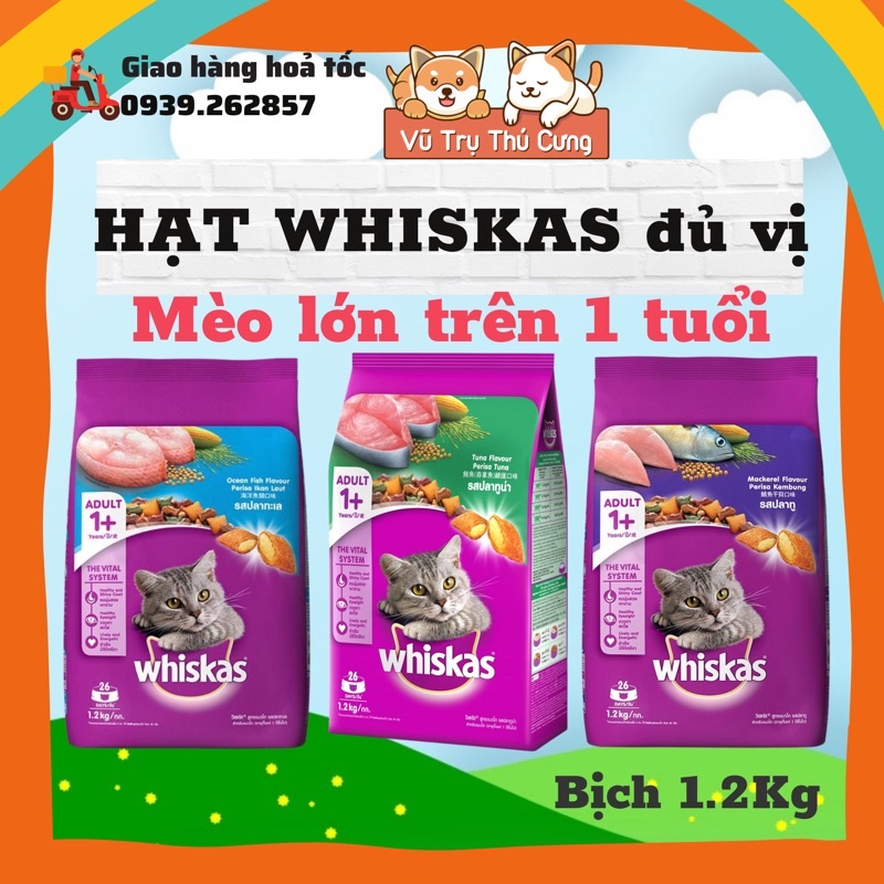 Hạt Whiskas dành cho mèo trưởng thành đủ 3 vị, bịch 1.2Kg