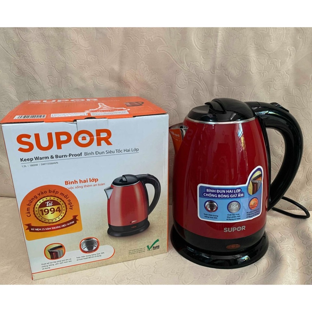 Ấm Siêu Tốc Hai Lớp Inox 304 SUPOR SWF15S06AVN - 1.5L (Đỏ Đen)