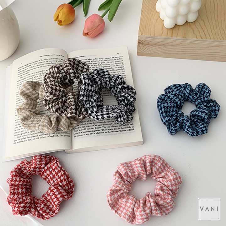 Dây Cột Tóc Scrunchies Len Nỉ Vintage Họa Tiết Houndstooth Cổ Điển - PKT88