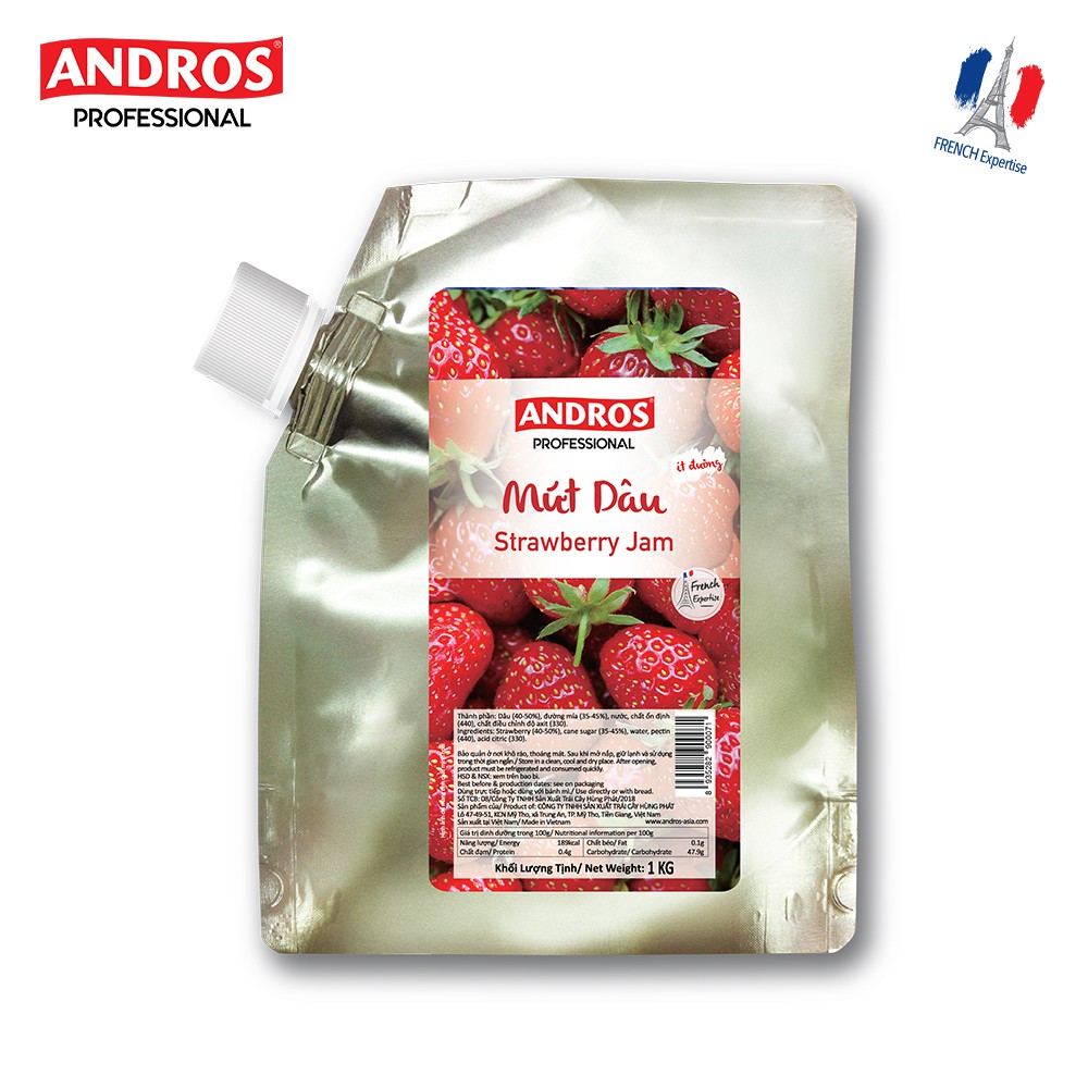 [Mã BMBAU50 giảm 7% đơn 99K] ANDROS - MỨT TRÁI CÂY - Dâu (Strawberry) - Túi 1kg - Jam Doypack