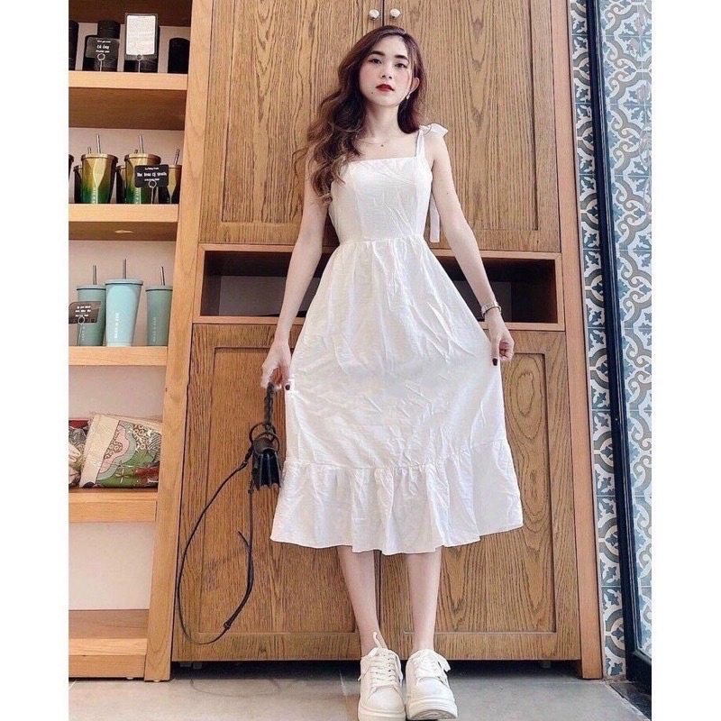 Váy 2 Dây Thắt Nơ Vai Màu Trắng, Đầm 2 Dây Trắng Cột Nơ Vai Nhún Bèo Chan House.