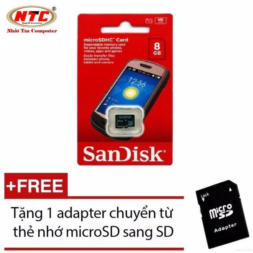 Thẻ nhớ MicroSDHC Sandisk 8GB Class 4 + Tặng 01 adapter microSD