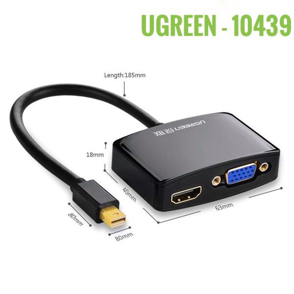 Cáp Chuyển Mini Displayport To HDMI Và VGA UGREEN 10439 - Thunderbolt To HDMI + VGA Hàng Chính Hãng