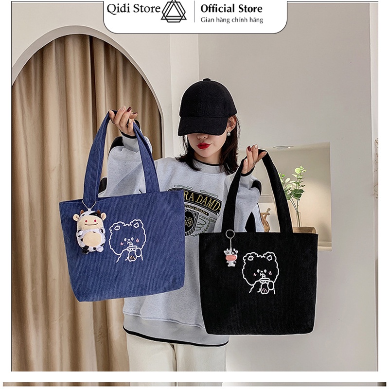 Túi Tote, Túi Xách Tay Vải Nhung Tăm Hai Lớp Siêu Dày Dặn Có Khóa Zip
