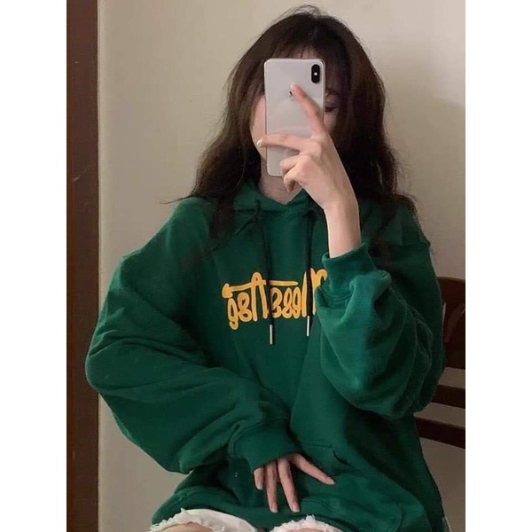Áo Hoodie Nỉ Bông Unisex Xanh Rêu Chữ Xinh Xắn