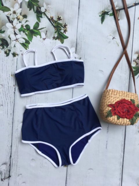 Bikini 2 mảnh vintage cạp cao 4 màu xanh than, đỏ, đen, rêu hoa | BigBuy360 - bigbuy360.vn