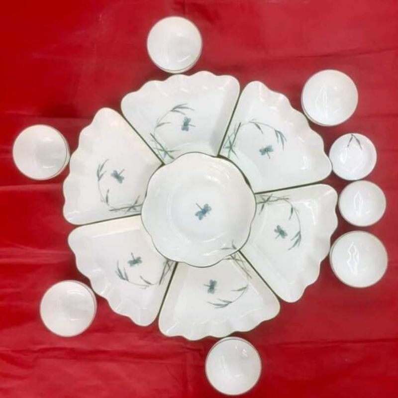 Bộ bát đĩa Hoa mặt trời vẽ cảnh trúc chuồn - Hàng sứ Bát Tràng.