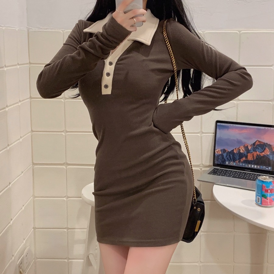 Đầm Tay Dài Cổ Polo Dáng Ôm Lưng Cao Kiểu Retro Hàn Quốc Thời Trang Cho Nữ