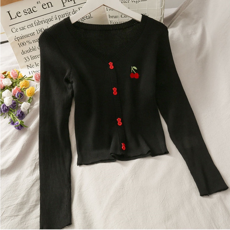 Áo Dệt Kim Tay Dài Cổ Chữ V Thêu Hình Trái Cherry Ngọt Ngào Cho Nữ