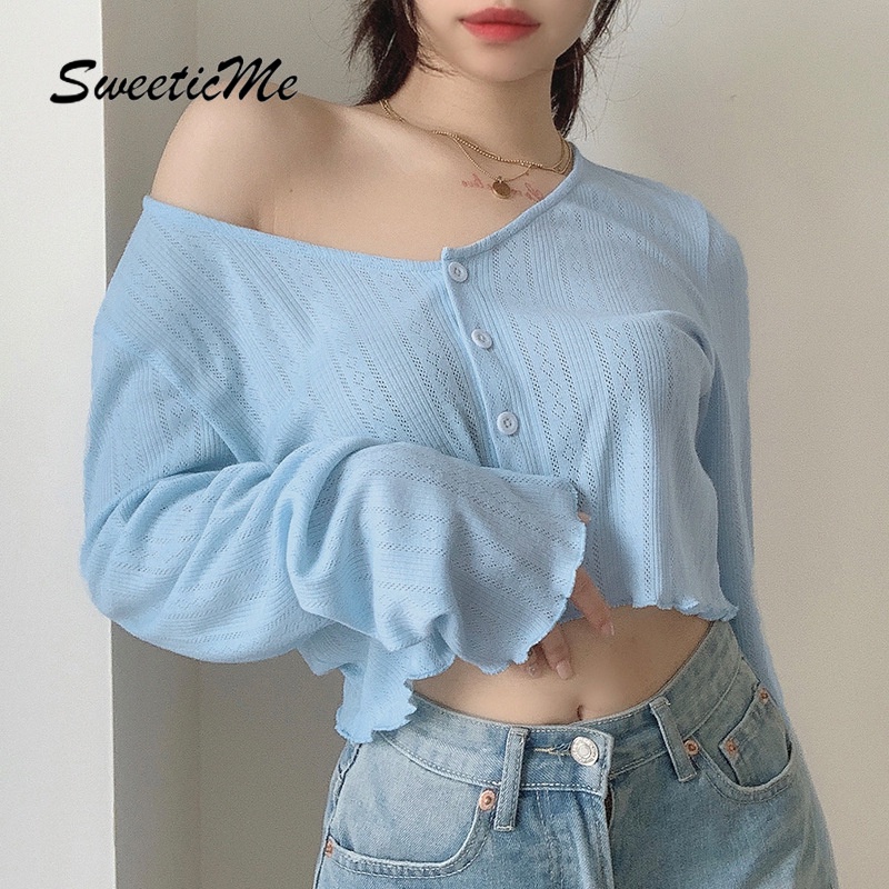 Áo thun Sweeticme cổ chữ V tay dài cho nữ