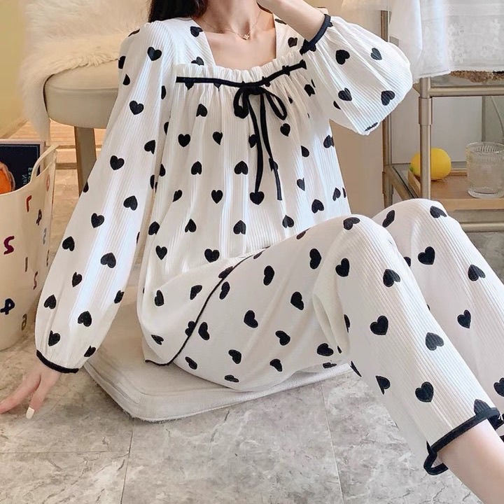 Bộ đồ ngủ tay dài cổ vuông chất liệu cotton thời trang xuân thu mới 2021