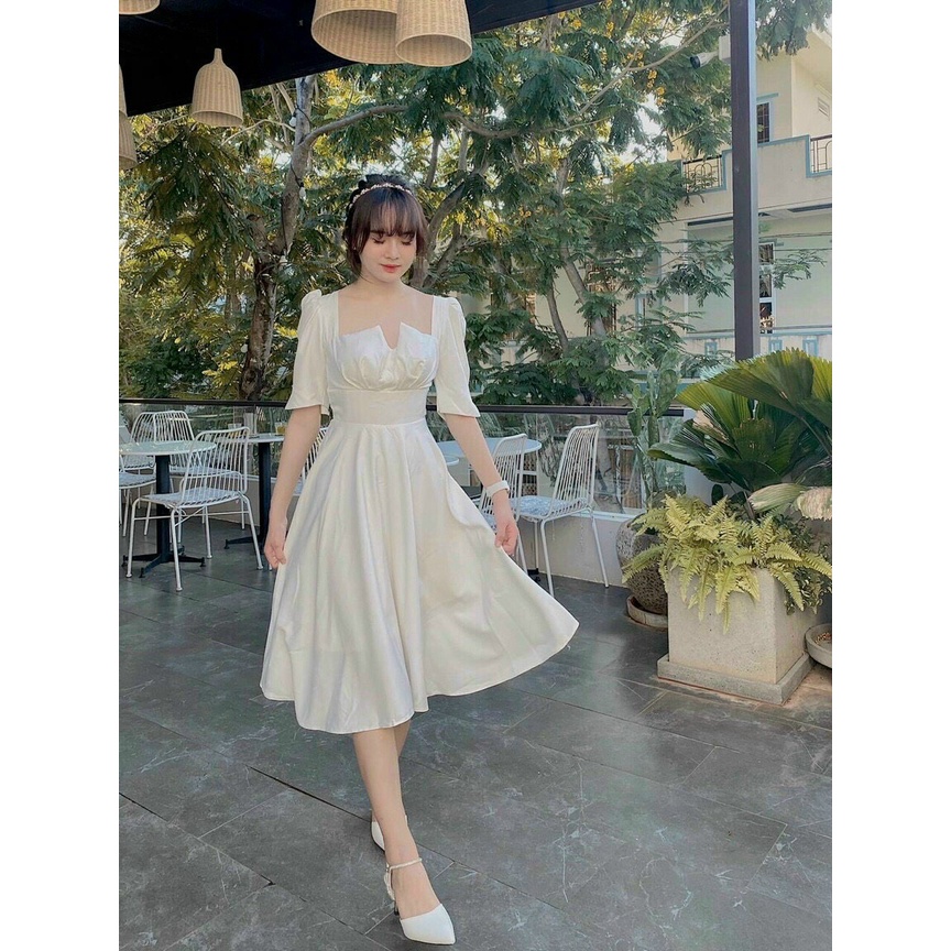 Váy đầm nữ dự tiệc dáng xòe tay lỡ cổ xẻ dễ thương