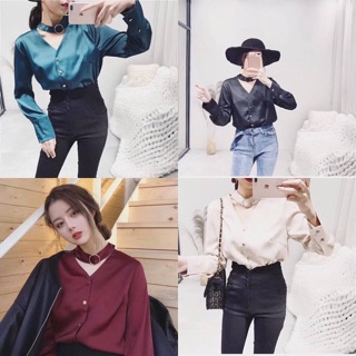 Sơ mi lụa cổ choker