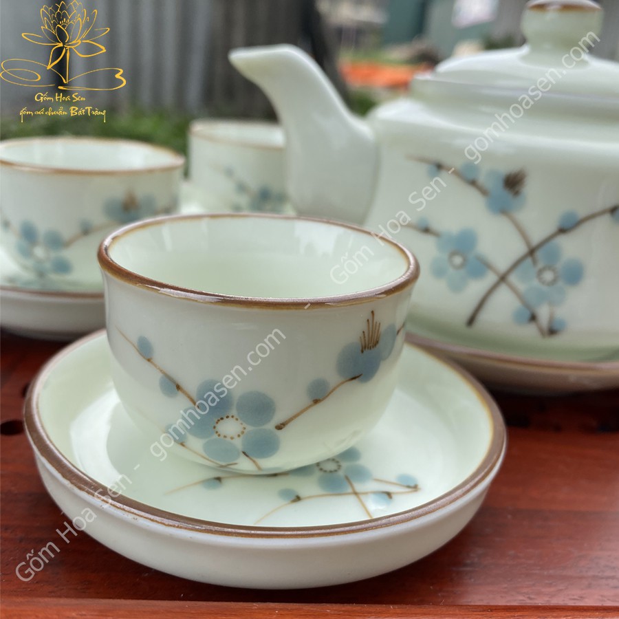 Bộ ấm trà sứ bát tràng vẽ hoa đào xanh