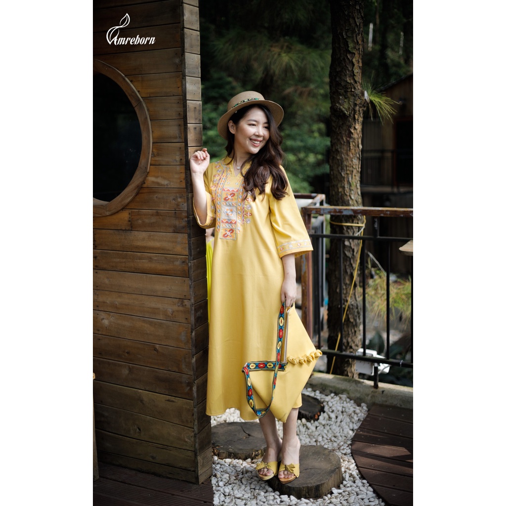 Đầm suông linen che khuyết điểm, dáng dài freesize, thêu họa tiết thổ cẩm, phong cách vintage, bohomian