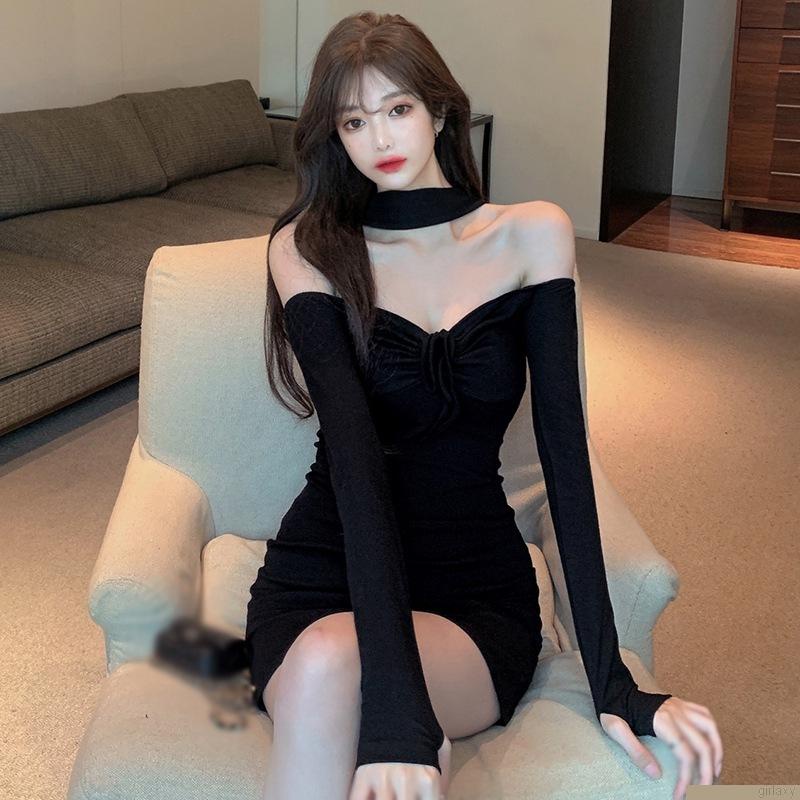 Váy mini dáng ôm tay dài hở vai màu sắc thời trang phong cách Hàn Quốc cho nữ