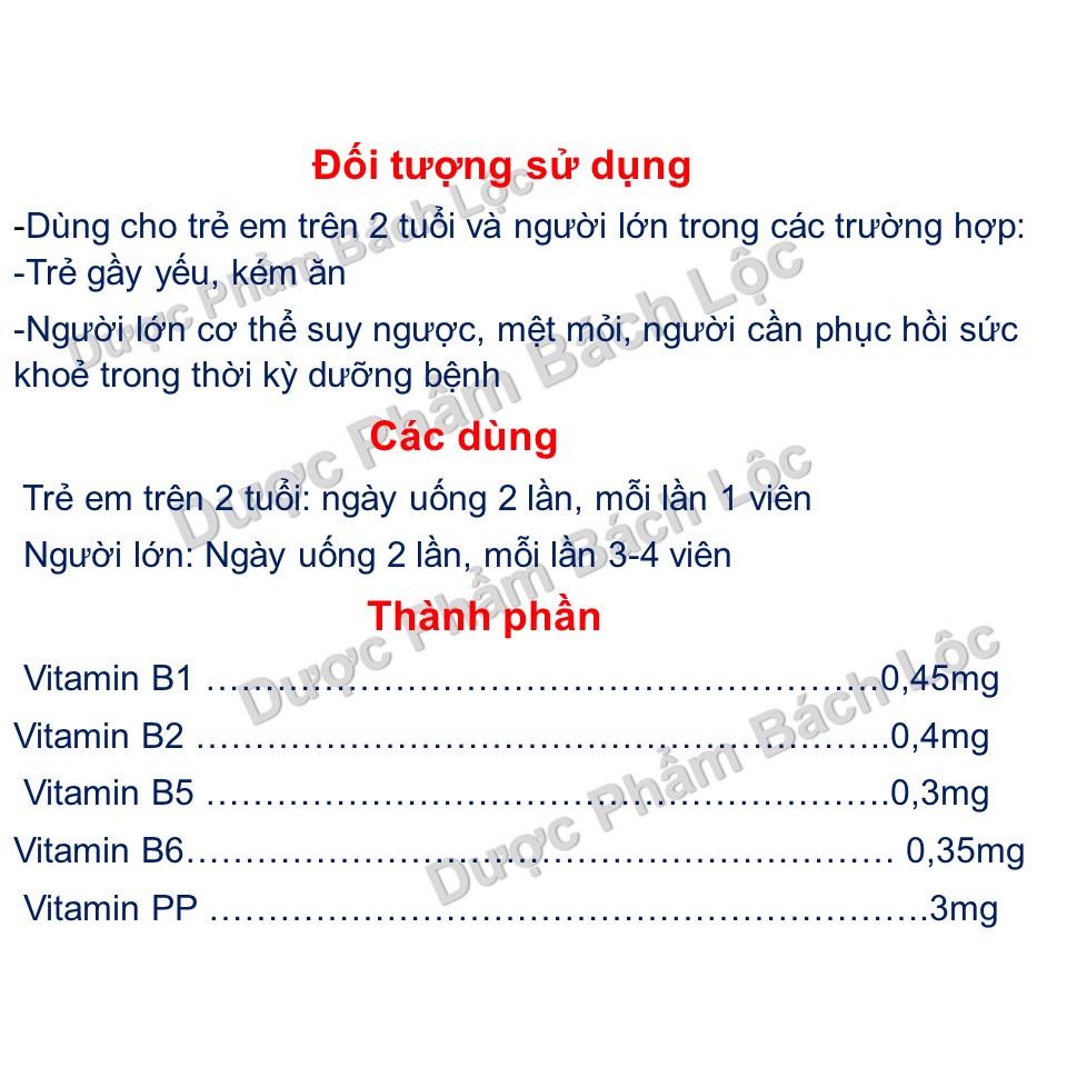 Viên Uống Multivitamin Bổ Sung B1,B2,B5,B6,PP  Giúp Tăng Cường Sức Khỏe, Tăng Cường Hấp Thu,Phục Hồi Cơ Thể-Hộp 100 viên