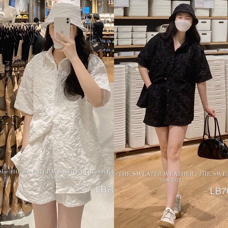 ( SẴN + Tặng Nón ) Set Áo Sơ Mi Gấm Quần Short Kèm Mũ Bucket 3 Món 2 Màu Trắng Đen