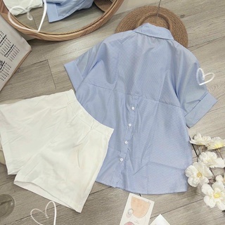 SET ÁO SƠ MI XANH NÚT LƯNG + SHORT TRẮNG