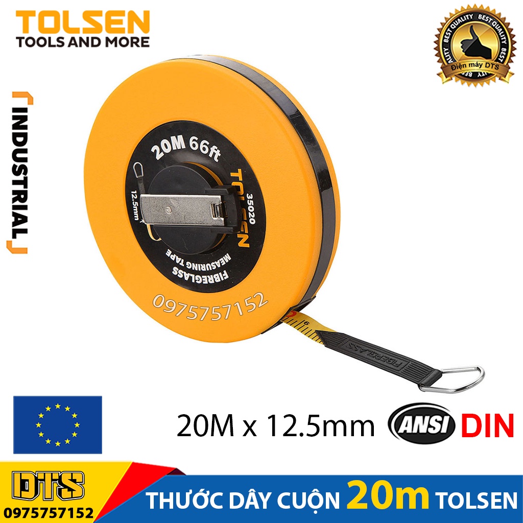 Thước dây cuộn 20m công nghiệp sợi thuỷ tinh TOLSEN, thước cuốn đa năng nhựa ABS bọc cao su siêu bền, tốc độ cuốn nhanh