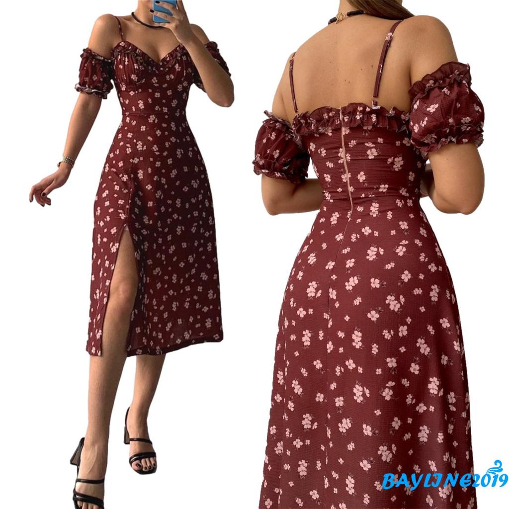 BAY-Women’s Casual Suspender Short Sleeve Dress Fashion Floral V-neck Split Mid-length Dress