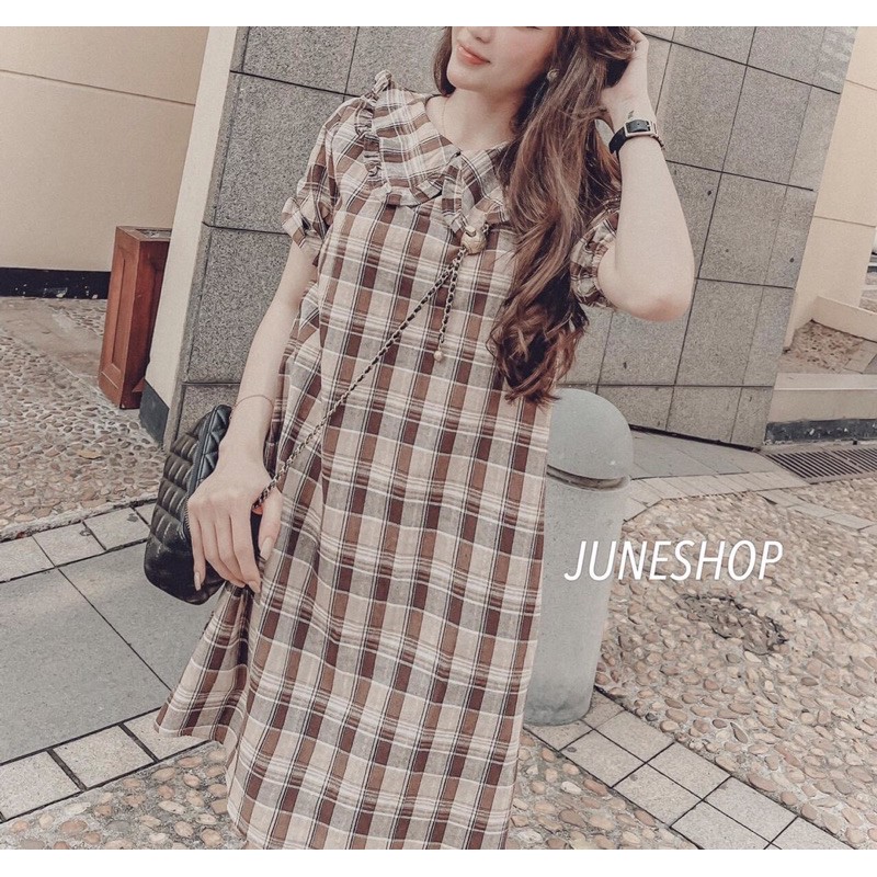 ⚡️ĐẦM KẺ⚡️Đầm suông kẻ nâu bèo cổ