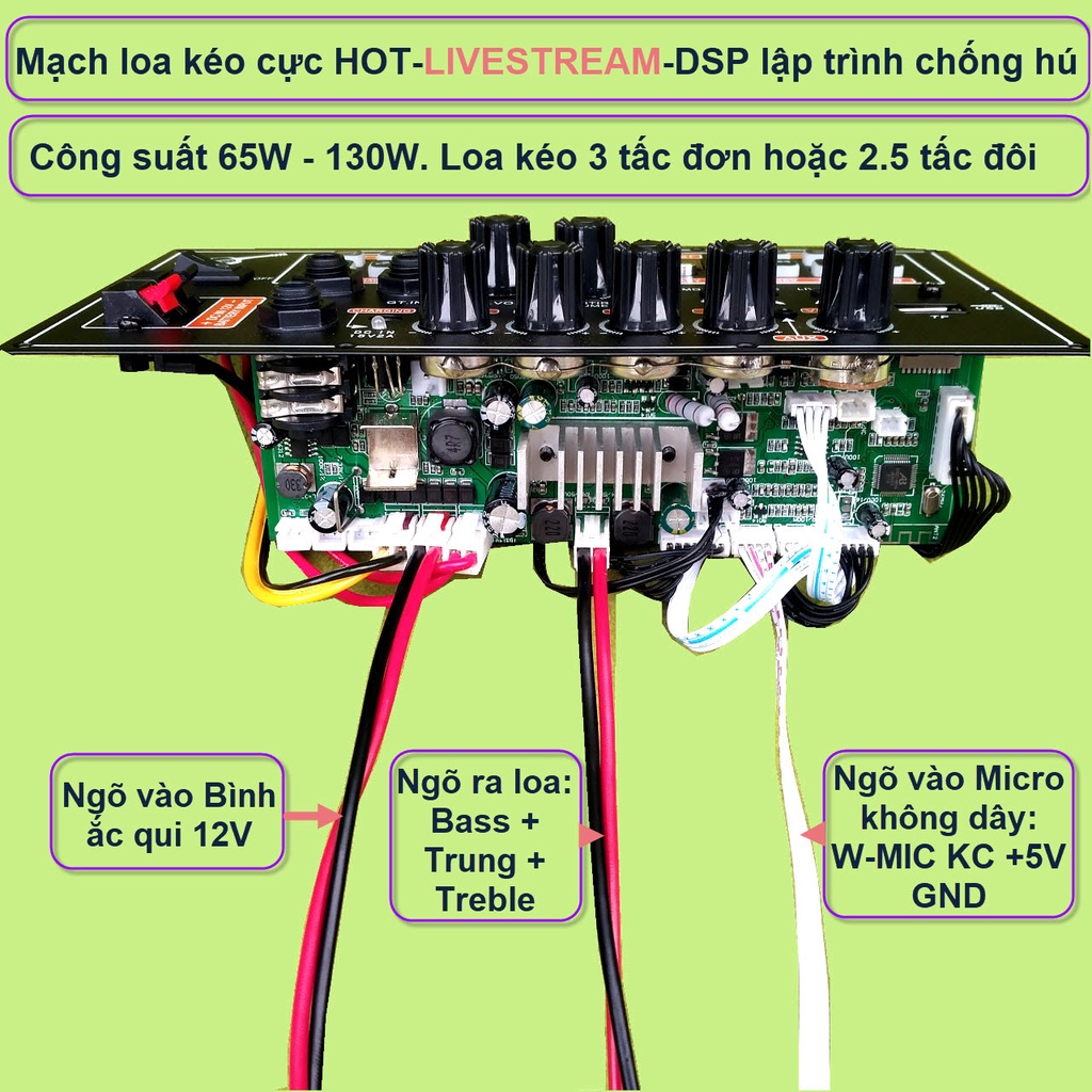 Mạch loa kéo 3 tấc đơn 3 đường tiếng LIVESTREAM DSP lập trình chống hú IC MD9840 công suất 130W