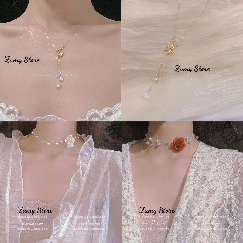 Vòng Cổ Nữ Dây Chuyền Chocker hạt đính hoa hồng và dây chuyền bướm đính đá màu dạ quang Thời Trang Cá Tính Giá Rẻ
