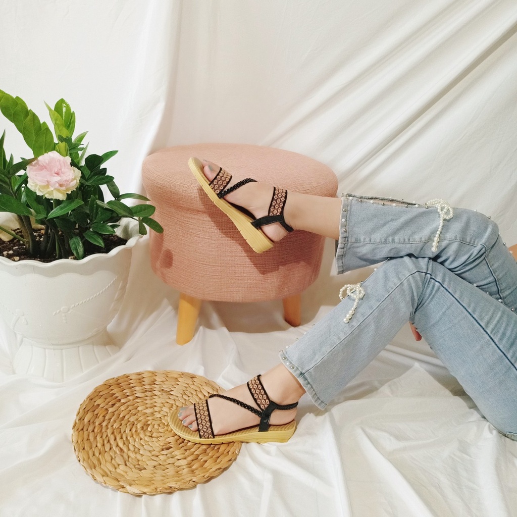 Giày sandal nữ đi học quai hậu dây chéo thổ cẩm êm,bền,thời trang-TBtc05