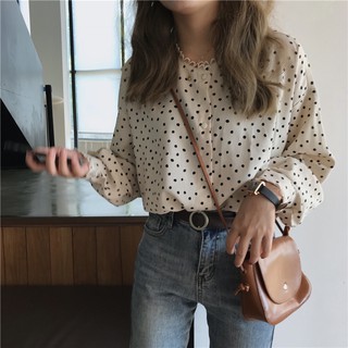 Áo sơ mi nữ chấm bi cổ viền ren Vintage