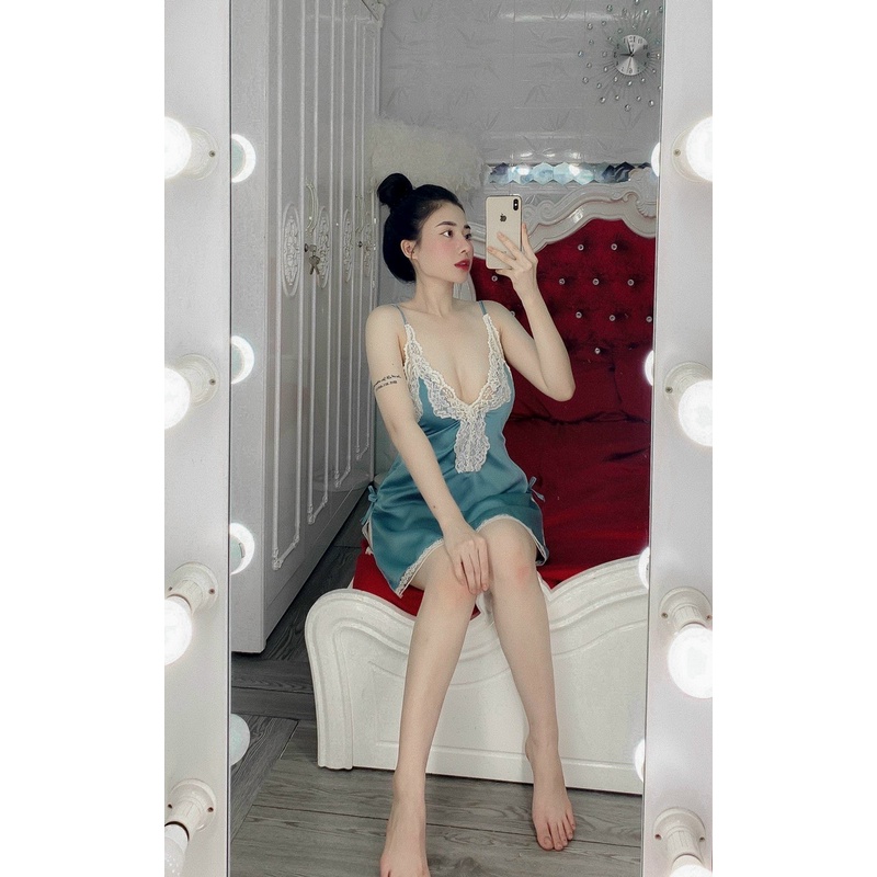 Đầm ngủ 2 dây xẻ tà, lụa satin cao cấp phối ren quyến rũ kèm quần đùi gợi cảm, freesize dưới 65kg - SHOP HUYỀN TRANG