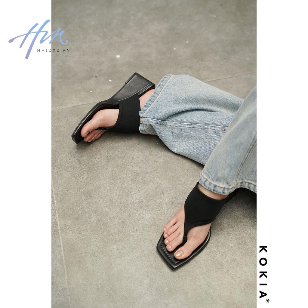 Dép Sandal Kẹp Ngón Kokia Air Lycra Dệt Kim Da Cừu Màu Đen
