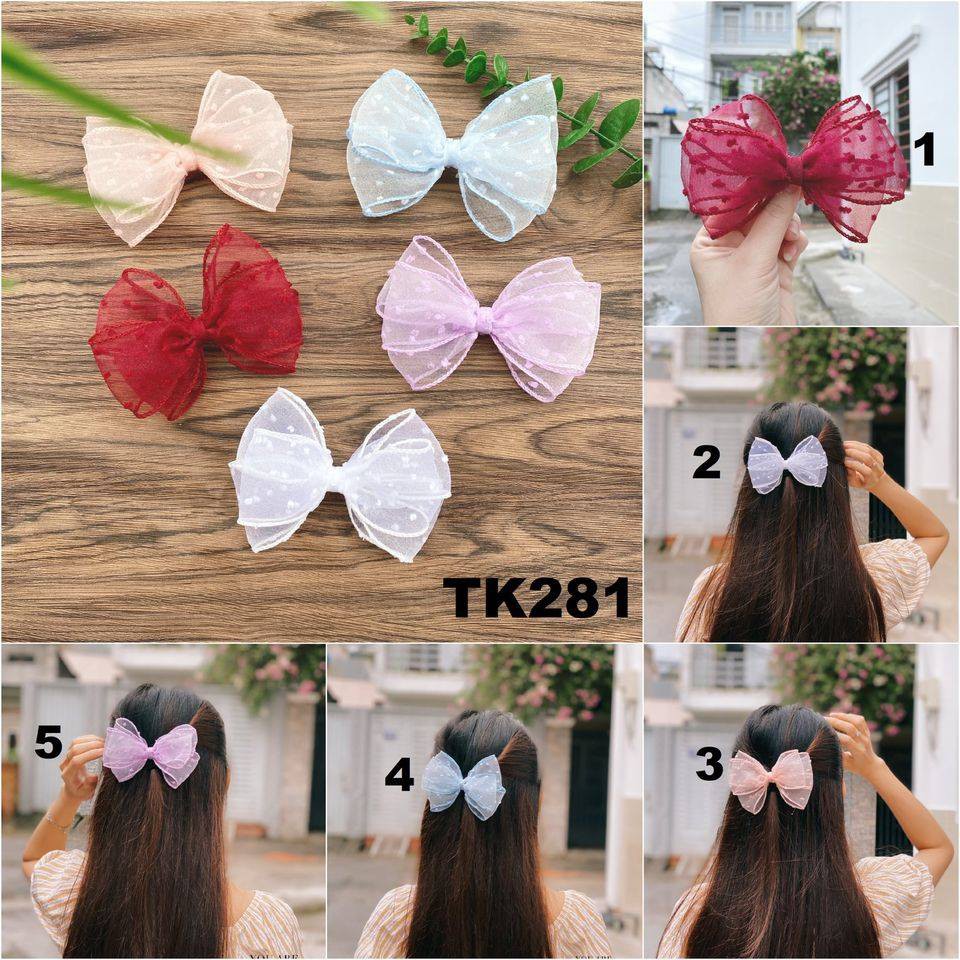 Kẹp tóc nơ vải lụa mỏng chấm bi tiểu thư