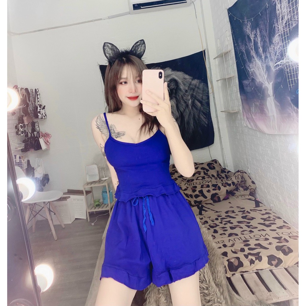 set 2 dây bèo dưới kèm quần xòe màu xanh dương